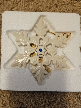Lenox Cream Snowflake Ornament with Blue Center and Gold Cord